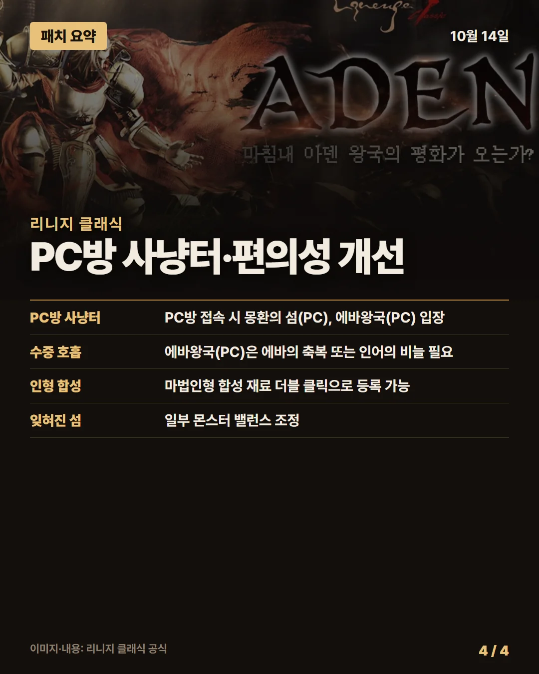 리니지 클래식 패치 요약 4/4